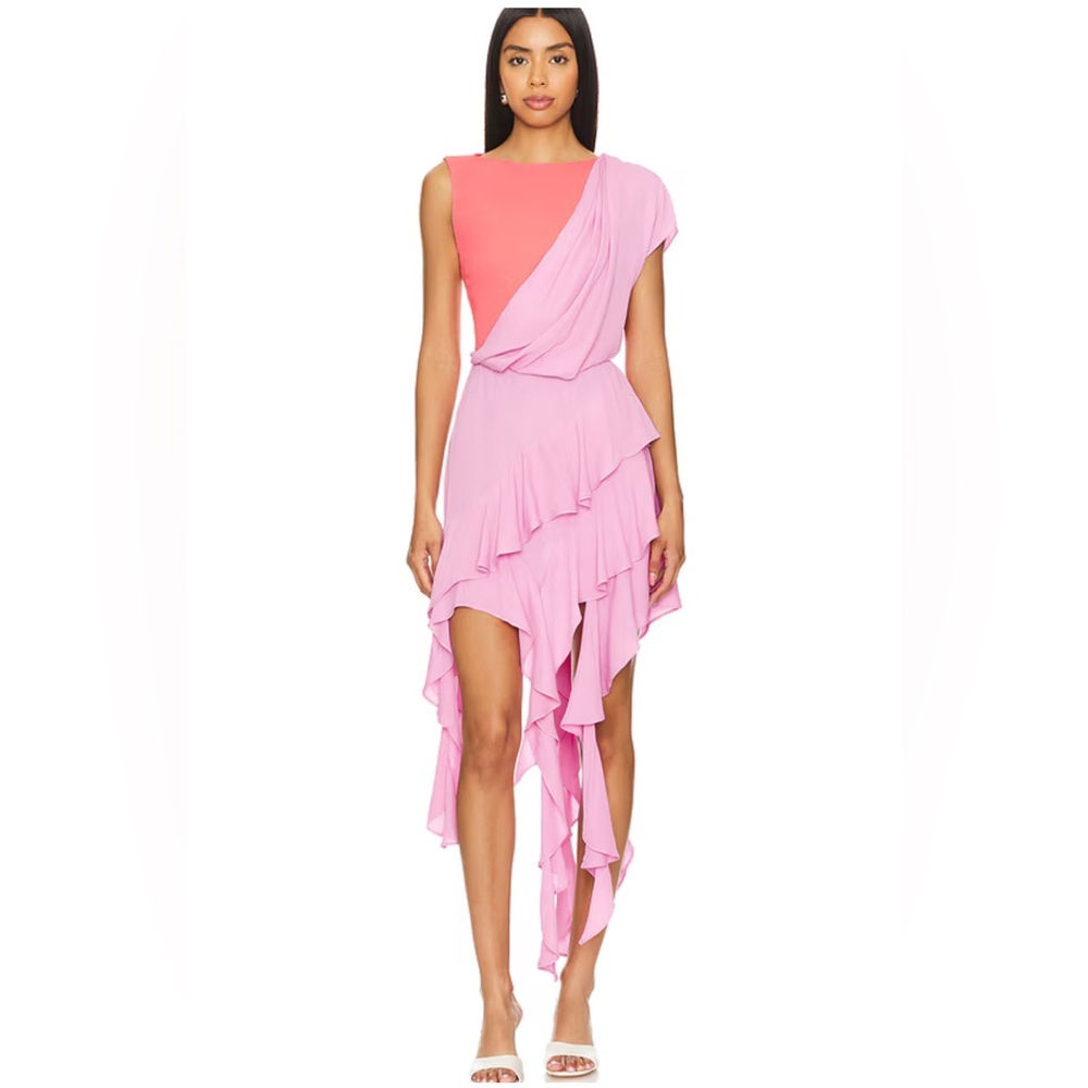 L'Academie Asymmetrical Ruffle Dress in Coral and Light Pink